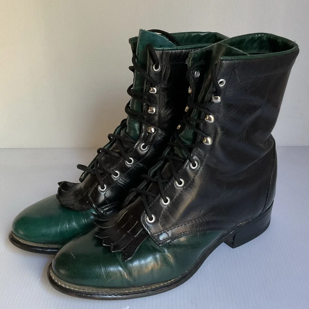Vintage Laredo Roper Boots Black Green Leather  Women’s 6.5M Lace-Up Western - Picture 4 of 11